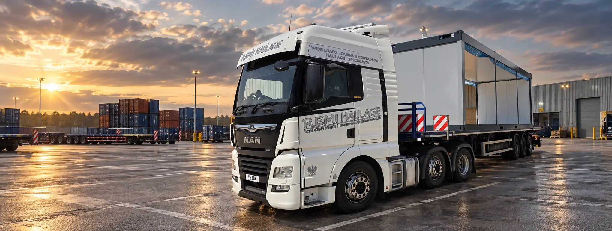 Remi Haulage truck transporting a large modular cabin