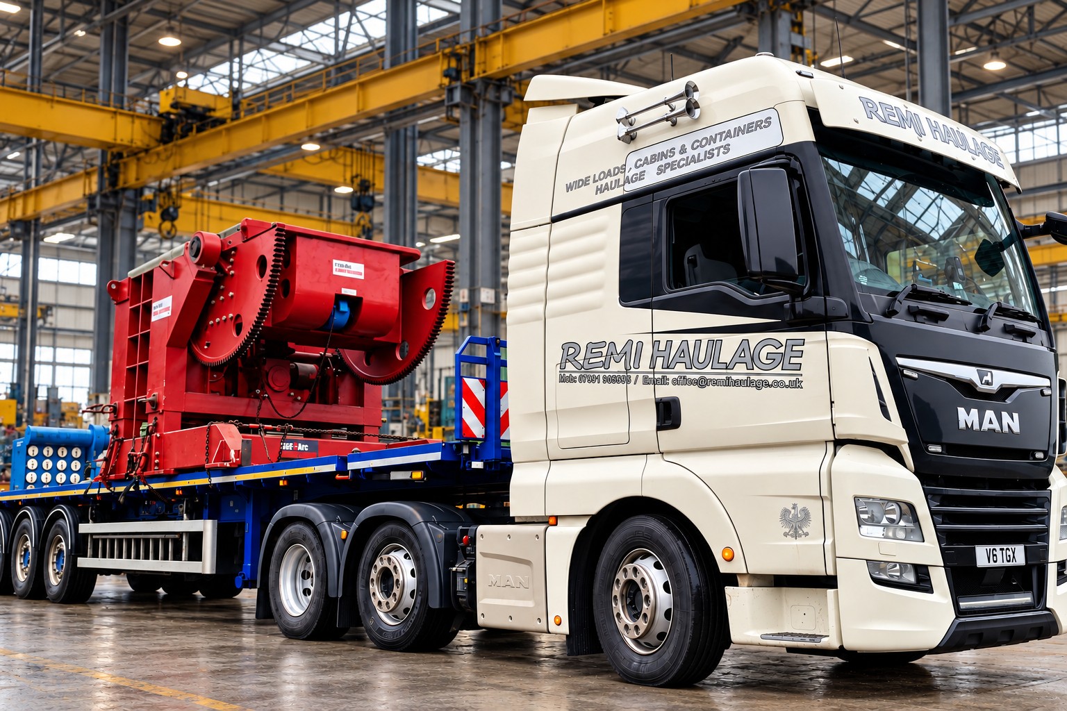 Industrial machinery transported by Remi Haulage inside an engineering facility